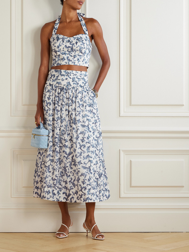 POSSE Rue Pleated Printed Linen And Silk-blend Midi Skirt outlook
