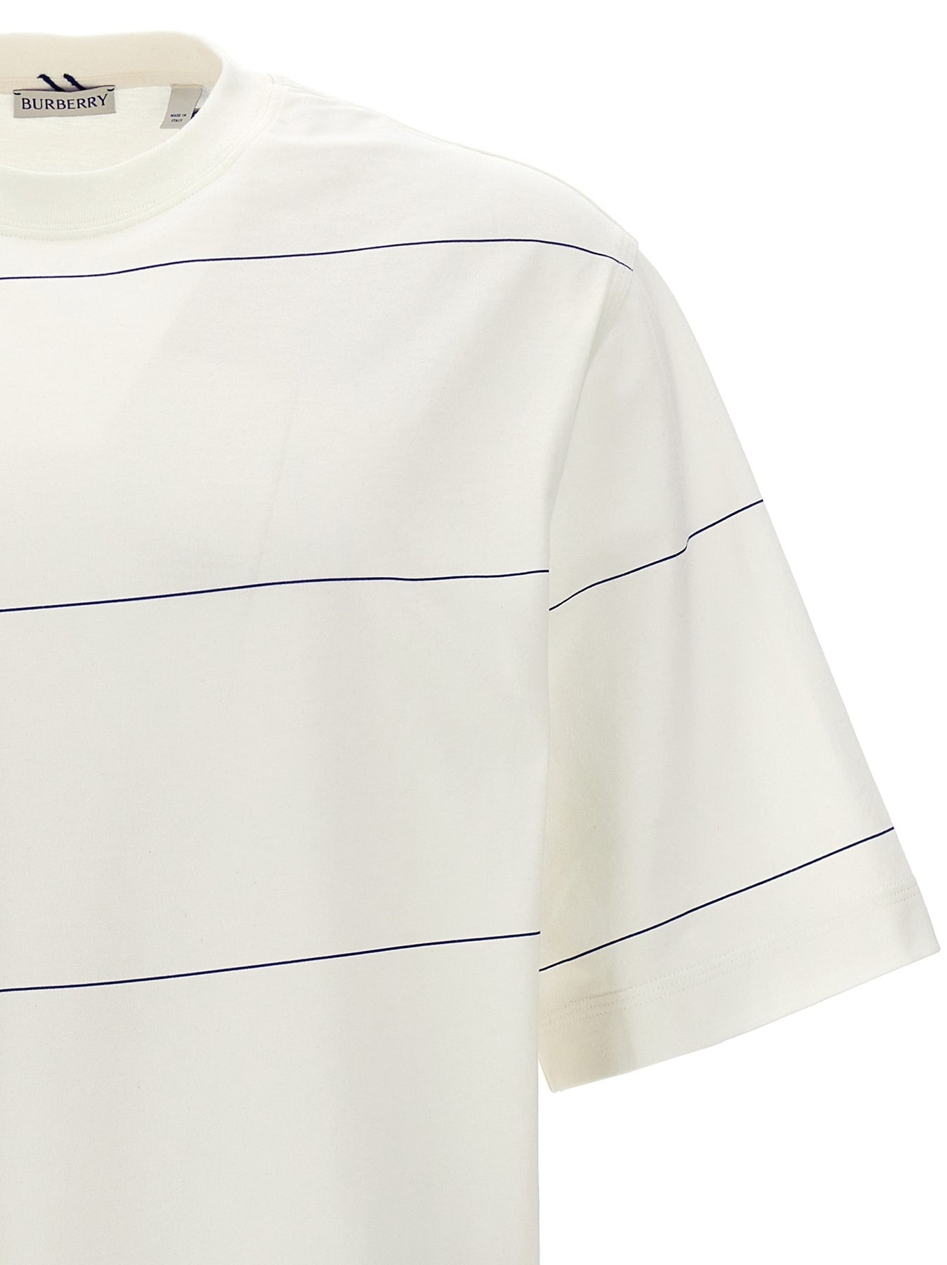 Tシャツ・カットソー BURBERRY WHITE STRIPED T-SHIRT WITH LOGO EMBROIDERY Burberry Logo Embroidery Striped T-Shirt - White - Men | 8083612