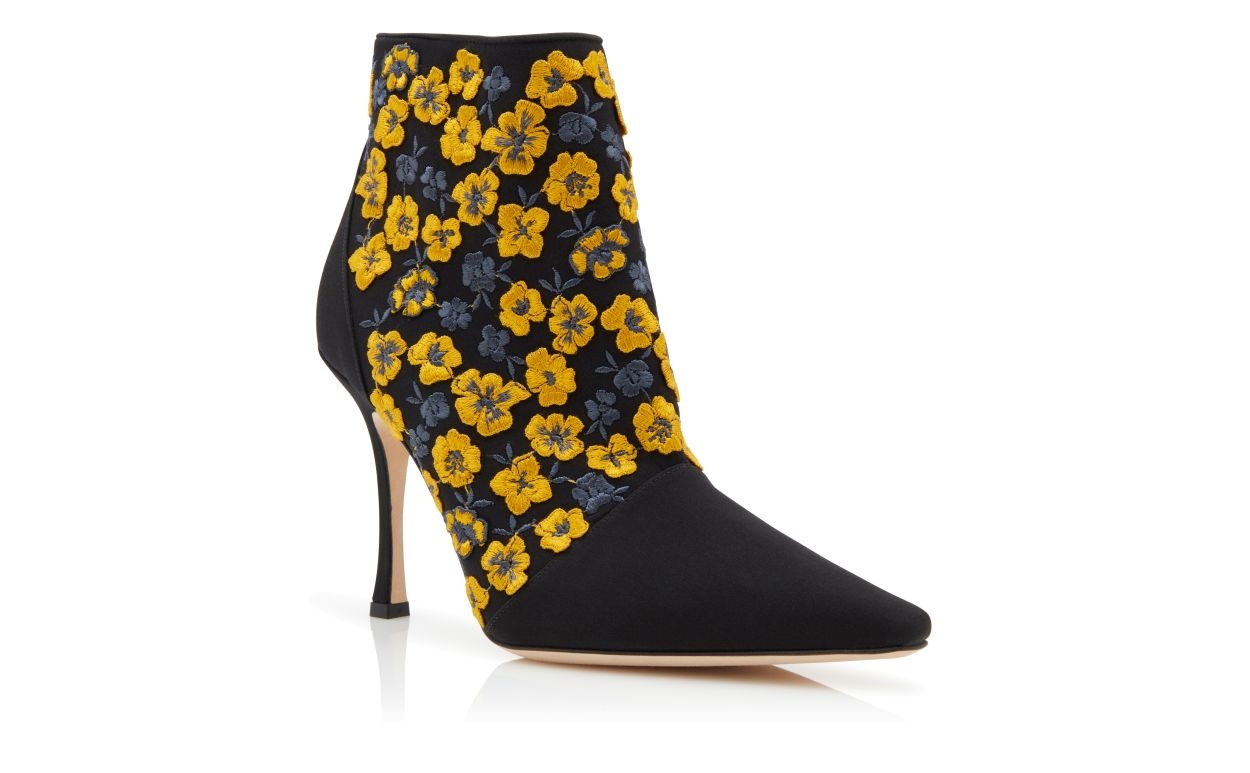 Black and Yellow Silk Embroidered Ankle Boots - 3