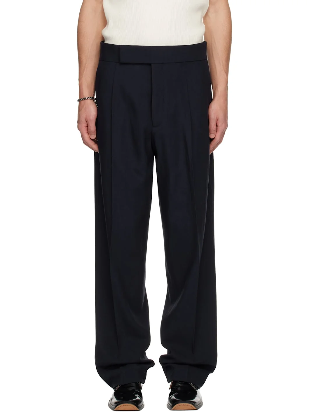 Navy Wool Straight Leg Trousers - 1