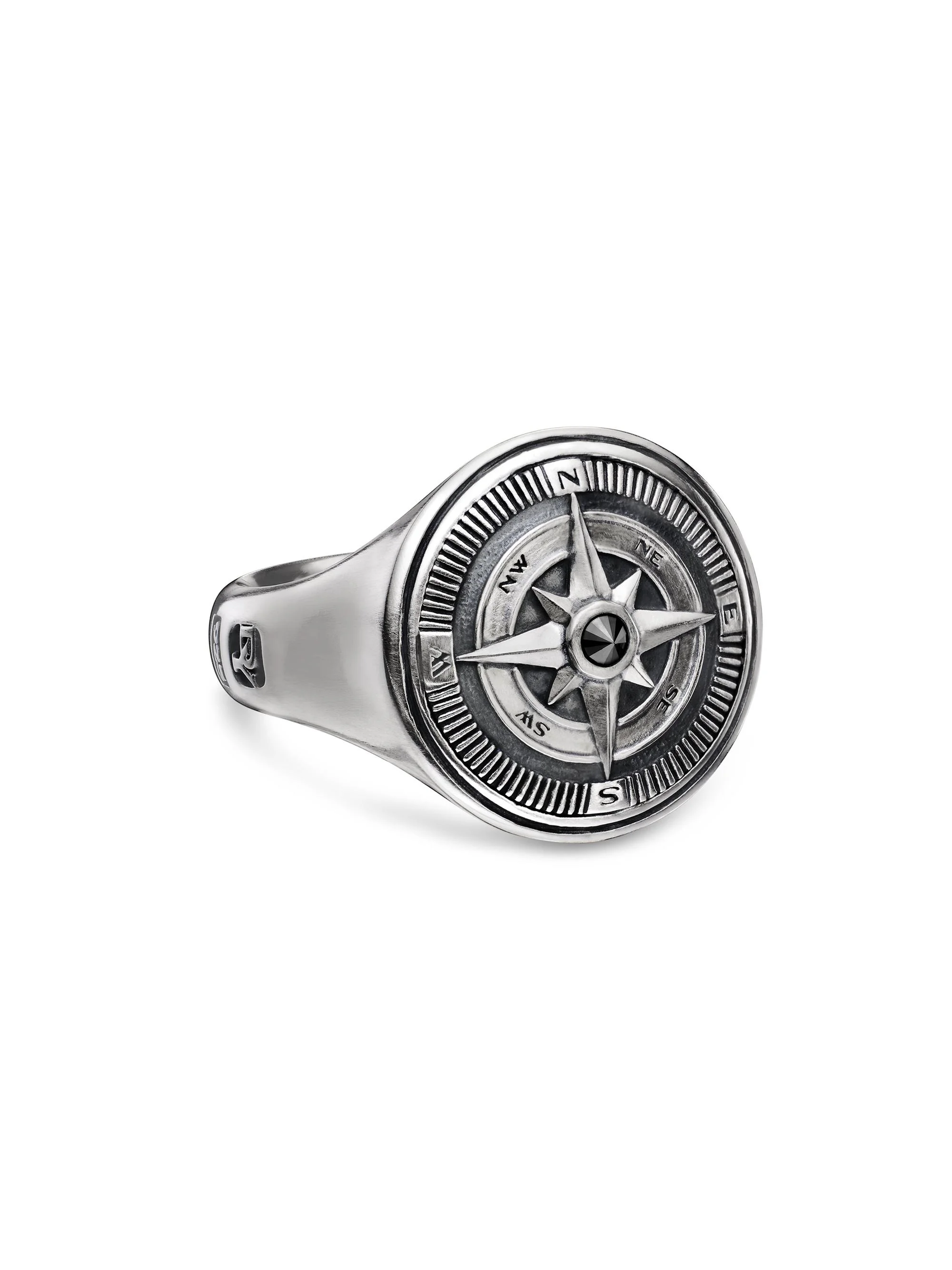Men's Maritime Compass Signet Ring in Sterling Silver - Black - 1