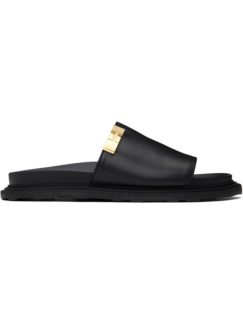 Black Calfskin Logo Plaque Sandals 1