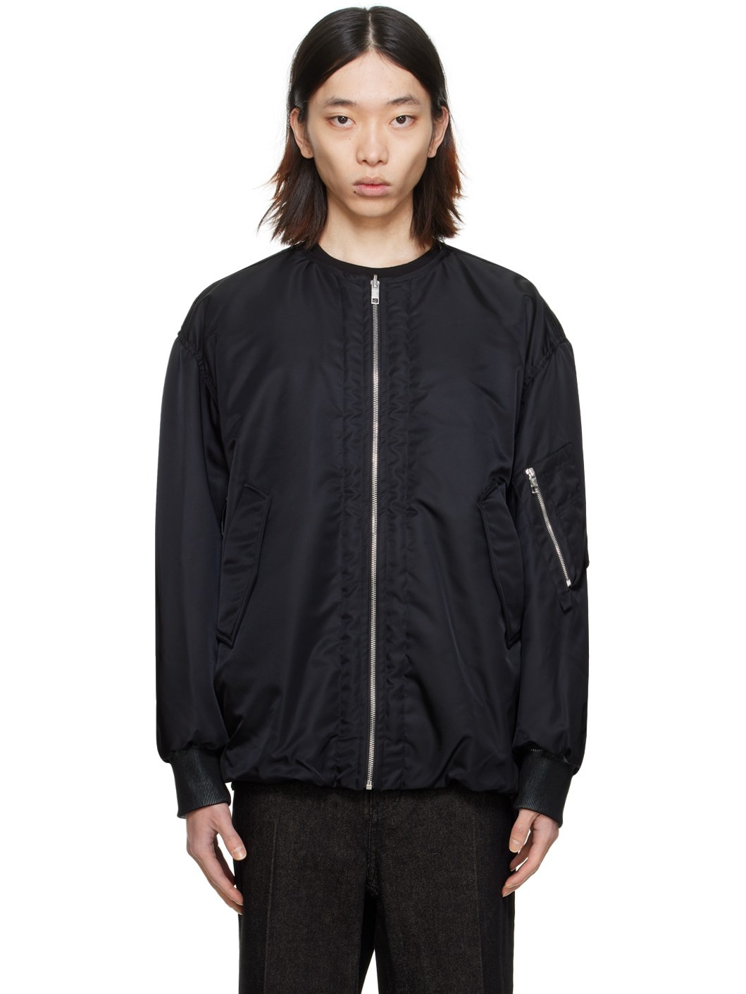 Black Bungee Drawstring Reversible Bomber Jacket - 1