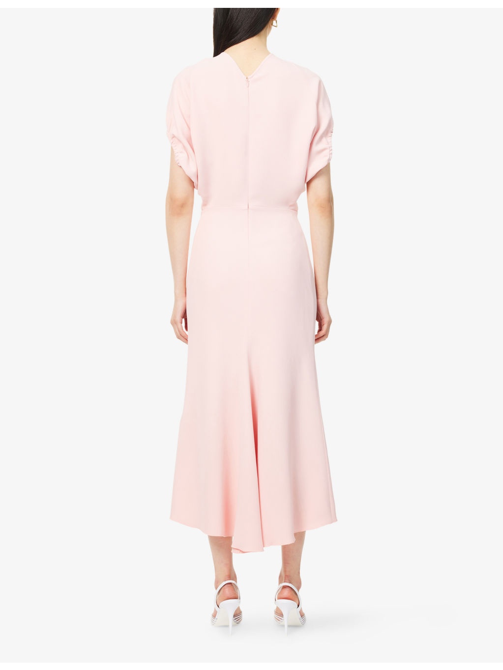 V-Neck Puffed-Sleeves Stretch-Woven Midi Dress - 4