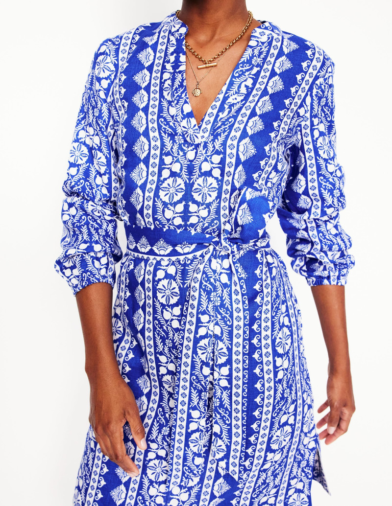 Cleo Linen Tie Waist Dress-Bright Blue, Ornate Border 4