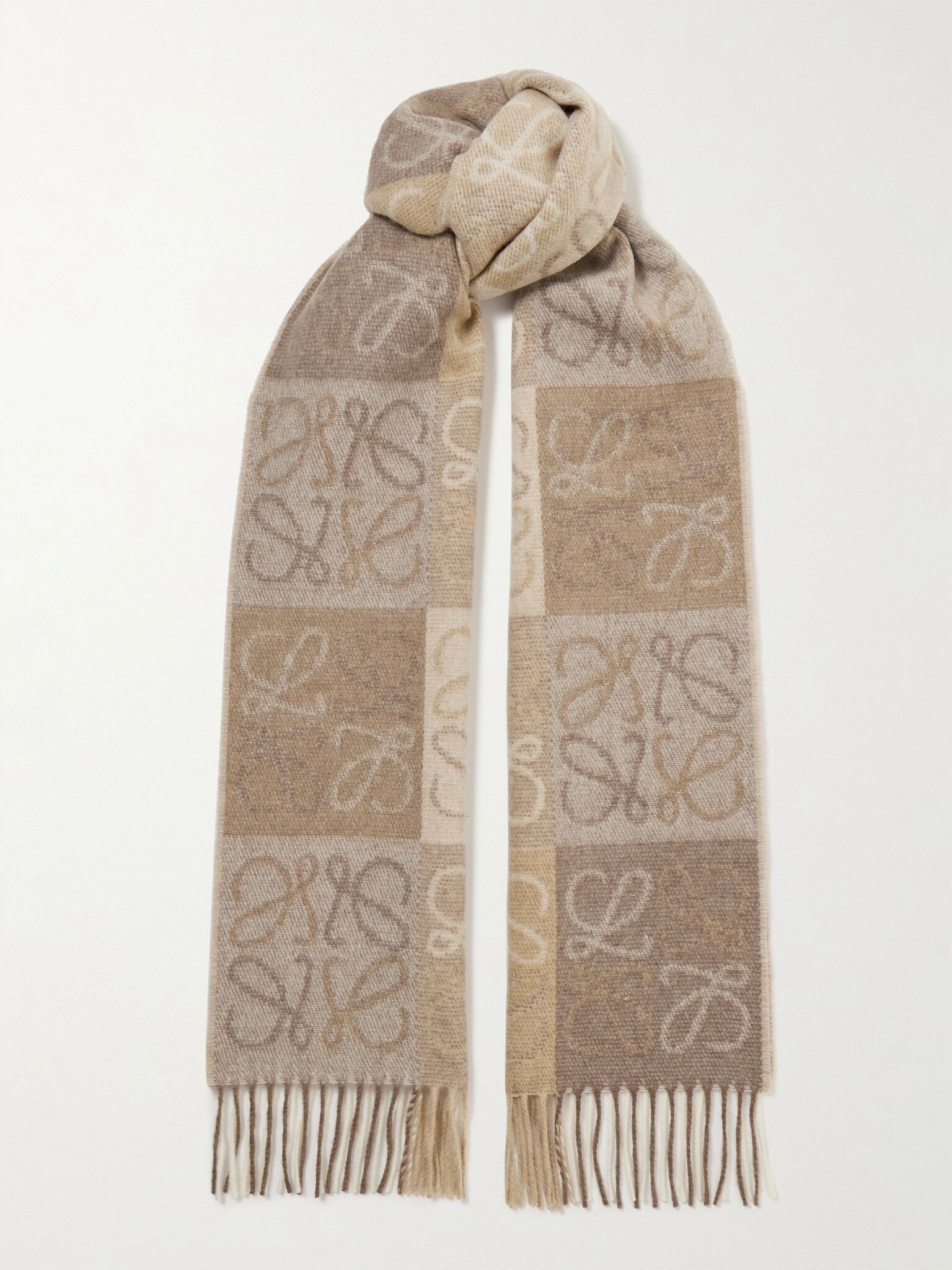 Fringed intarsia wool and cashmere-blend scarf Beige - 1