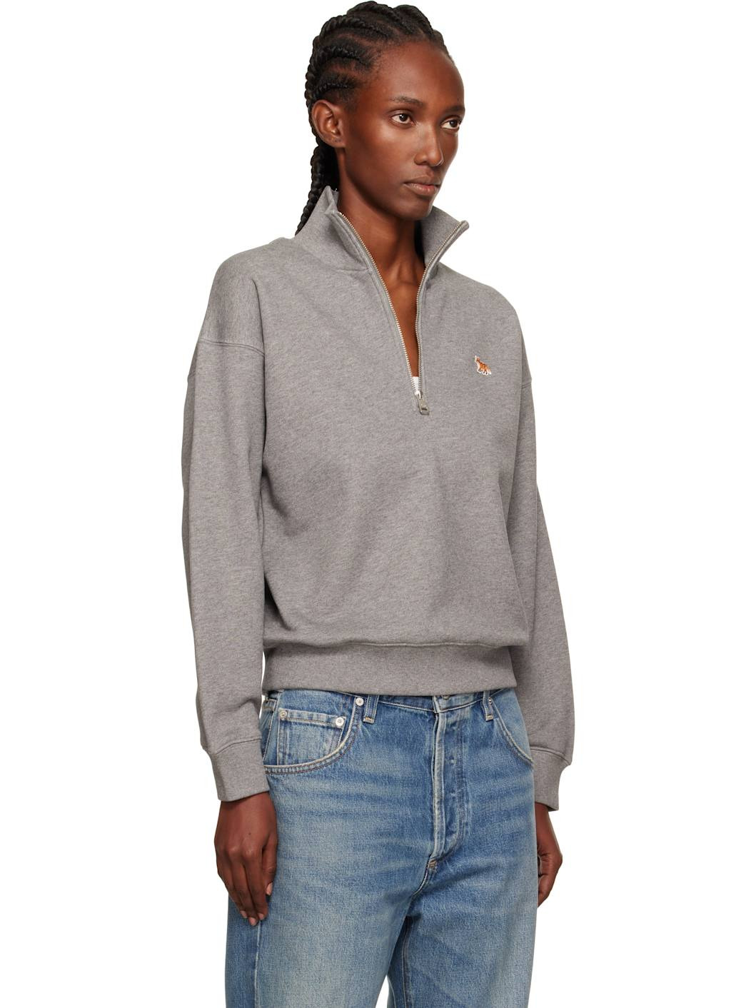 Gray Half Zip Baby Fox Patch Sweatshirt - 2