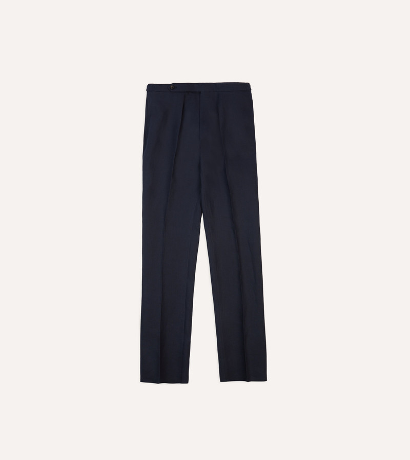 Navy Irish Linen Single Pleat Trouser - 1