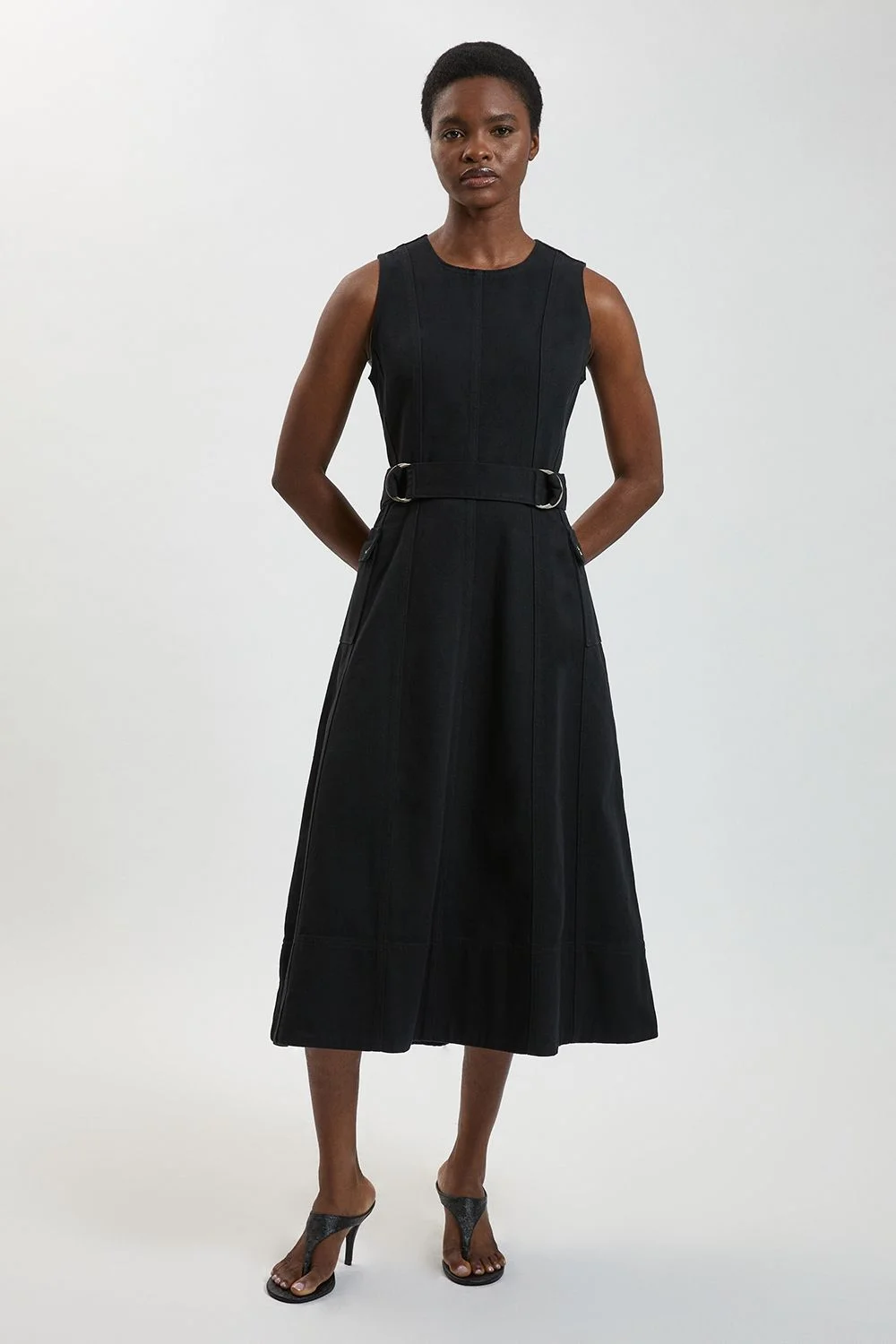 Denim Dropped Waist Full Skirted Midi Dress - 1