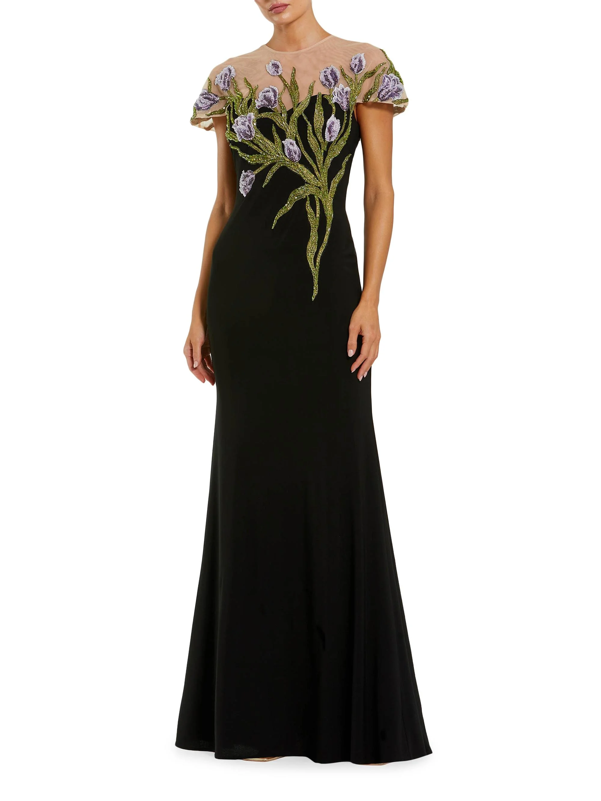 Women's Evening Embroidered Jersey Illusion-Neck Gown - Black Multi - 1