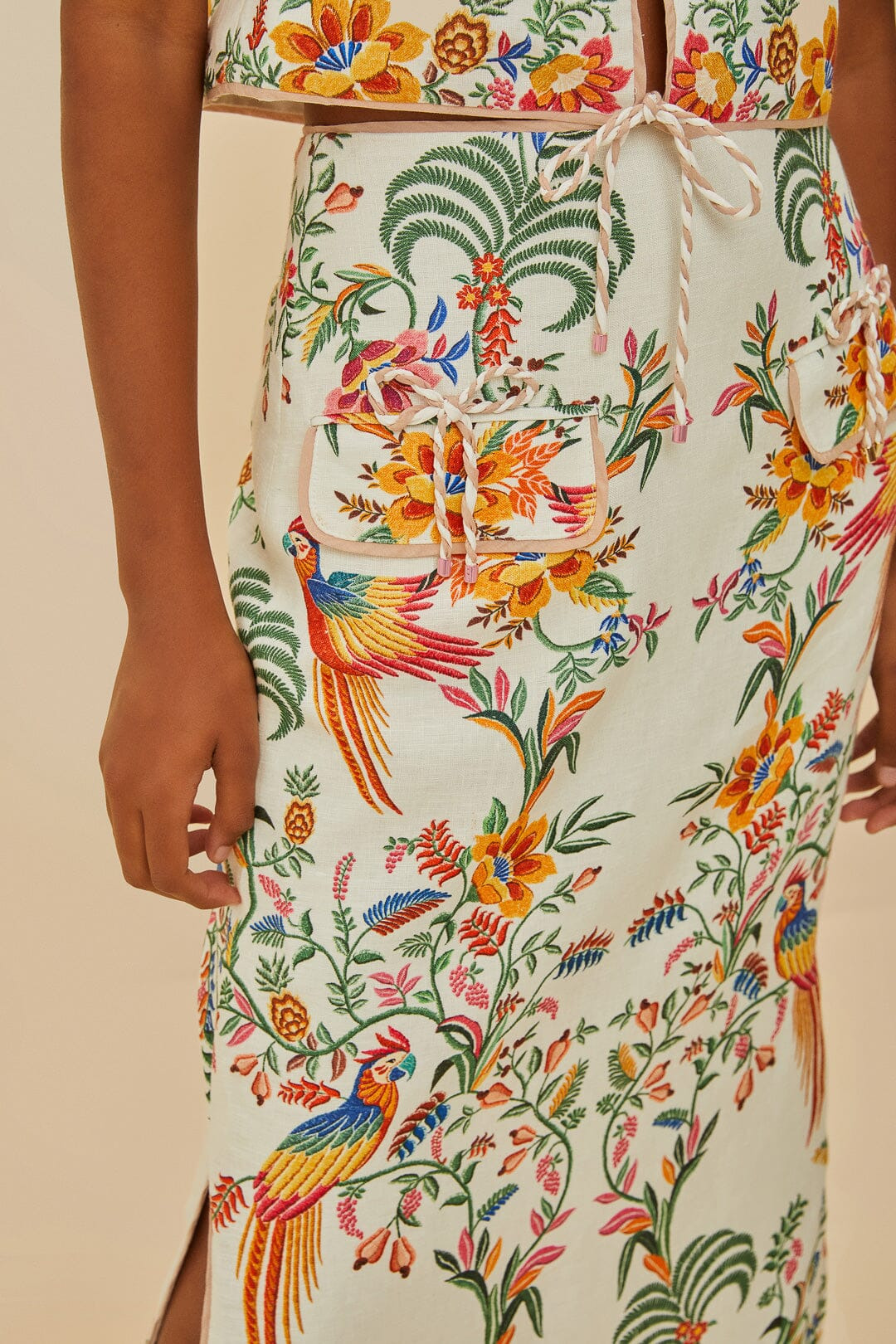 Off-White Delicate Forest Euroflax™ Premium Linen Midi Skirt - 4