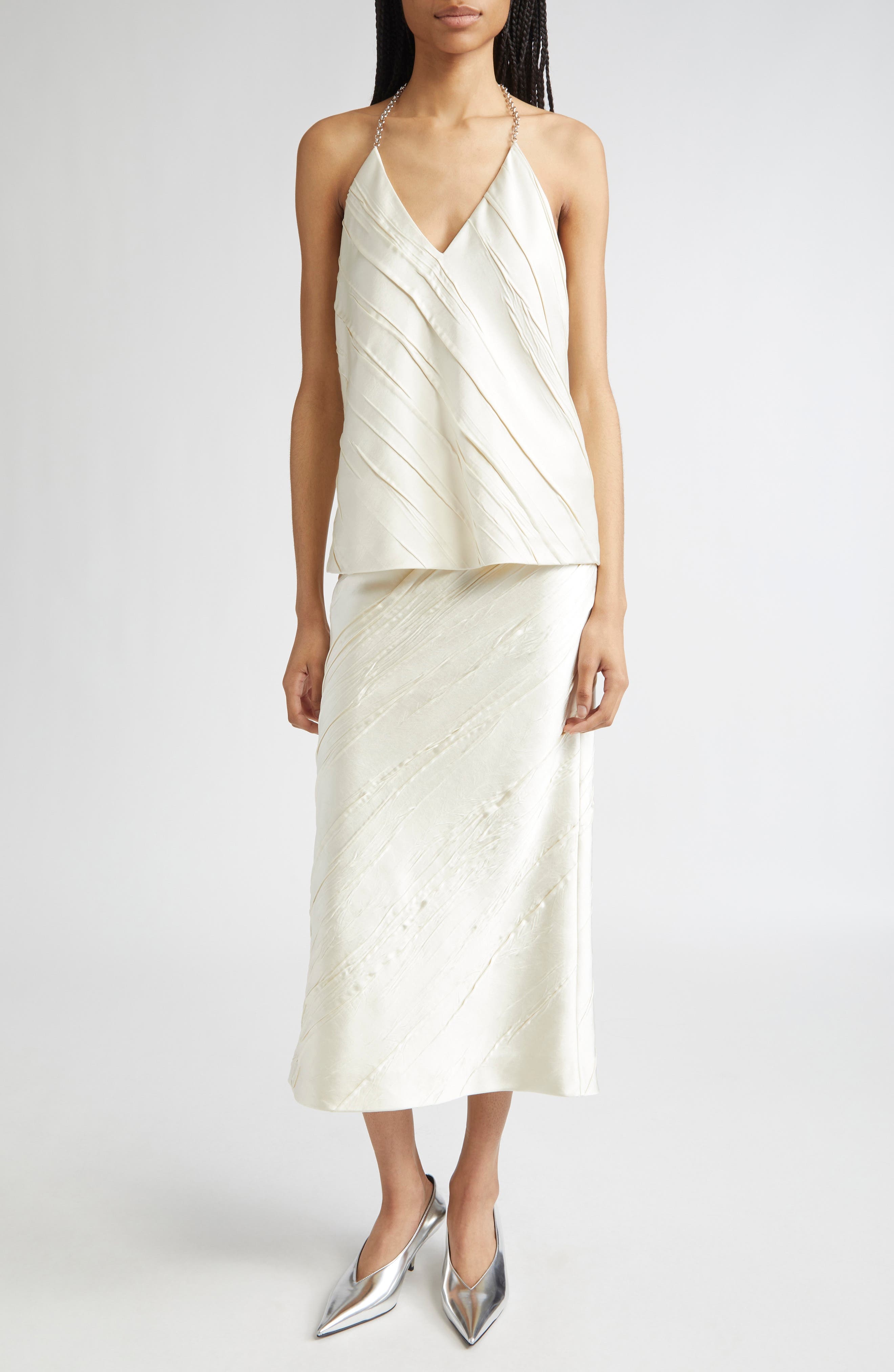 SPORTMAX Fatuo Chain Halter Creased Satin Top in Ivory at Nordstrom - 2