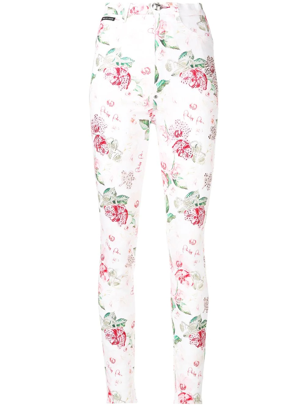 embellished rose print jeans - 1