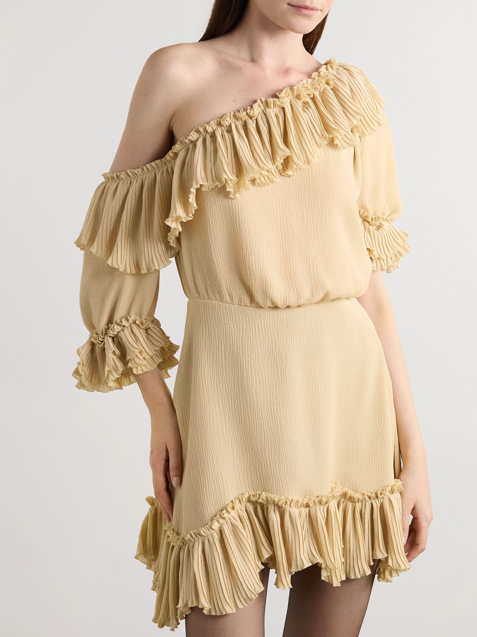 Off-the-shoulder ruffled silk-crepon mini dress Beige - 3