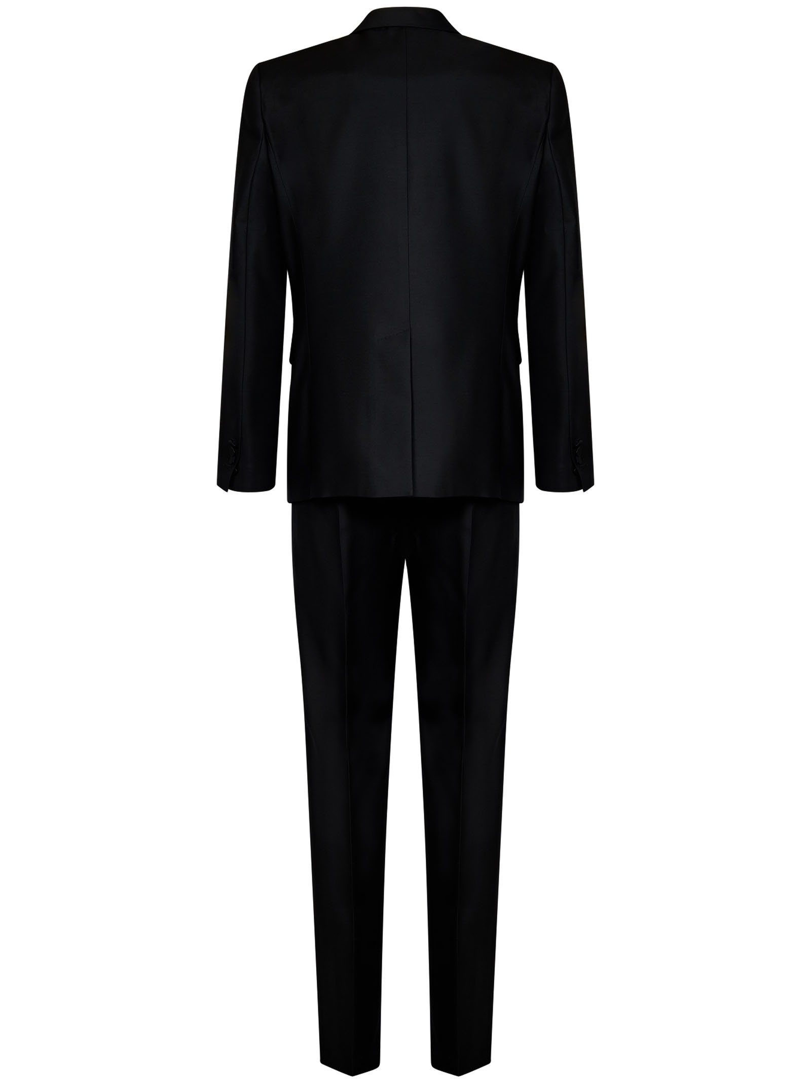 Black virgin wool and silk tuxedo suit with single-breasted blazer with silk satin lapels. - 2