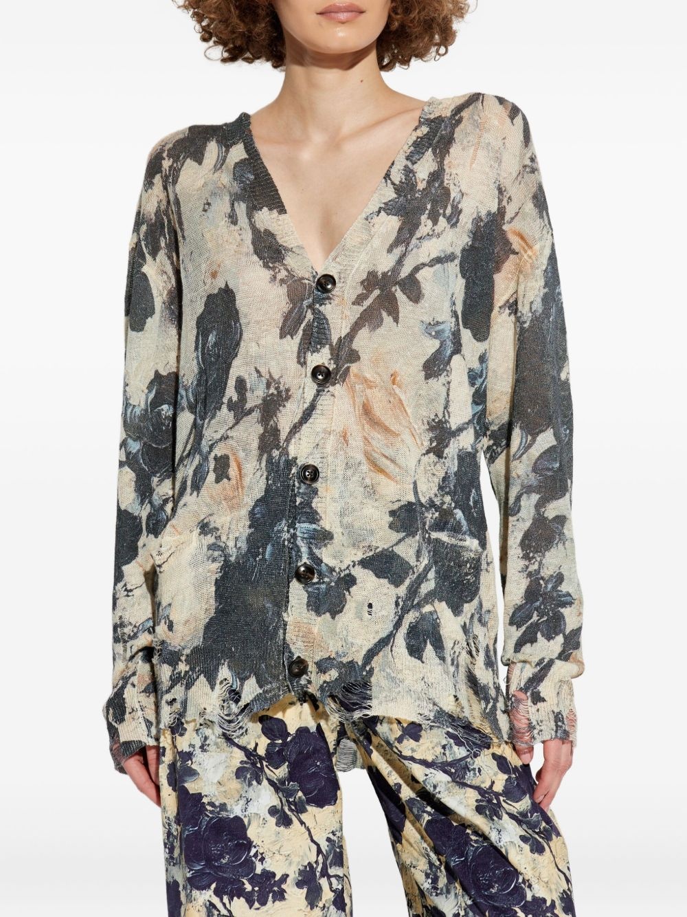 floral-print frayed cardigan - 3