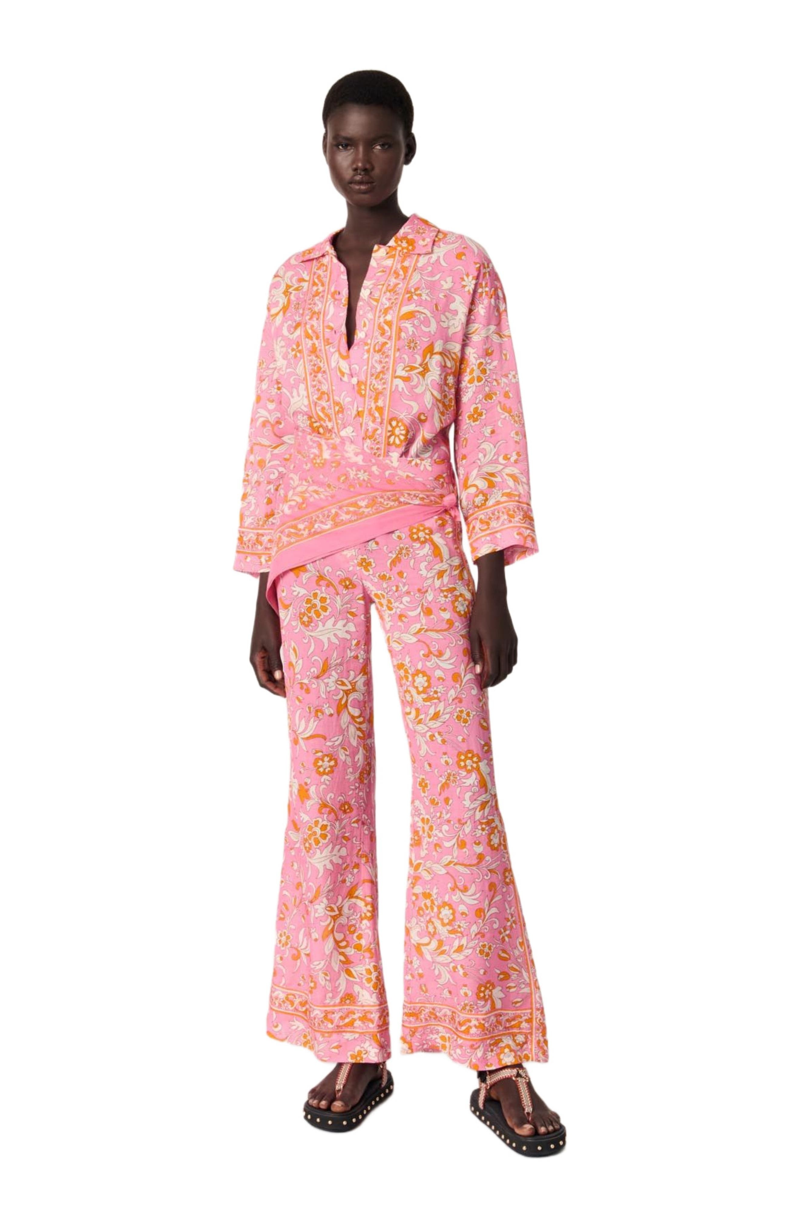 maje Patterned flowing linen shirt in Orange Pink Flowers Print at Nordstrom - 2