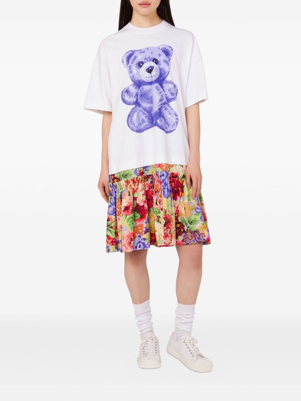 graphic-teddy bear floral-skirt mini dress - 2