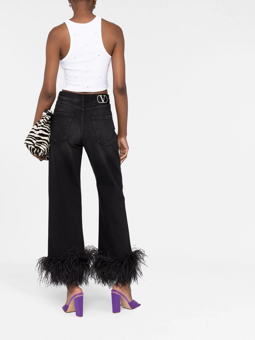 feather-trim straight-leg jeans - 6