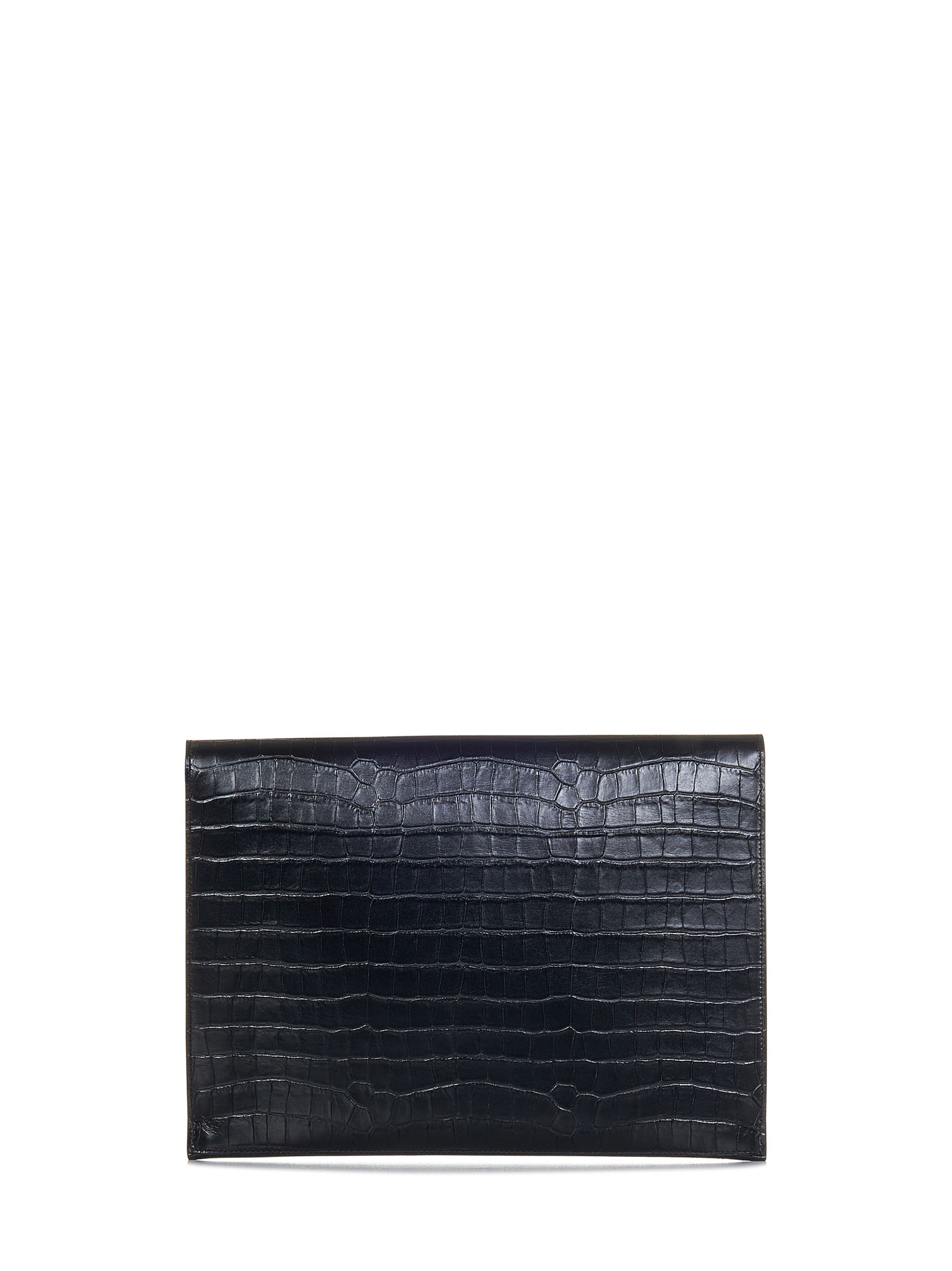 Black stamped crop calf leather portfolio with T pin clasp detail. - 2