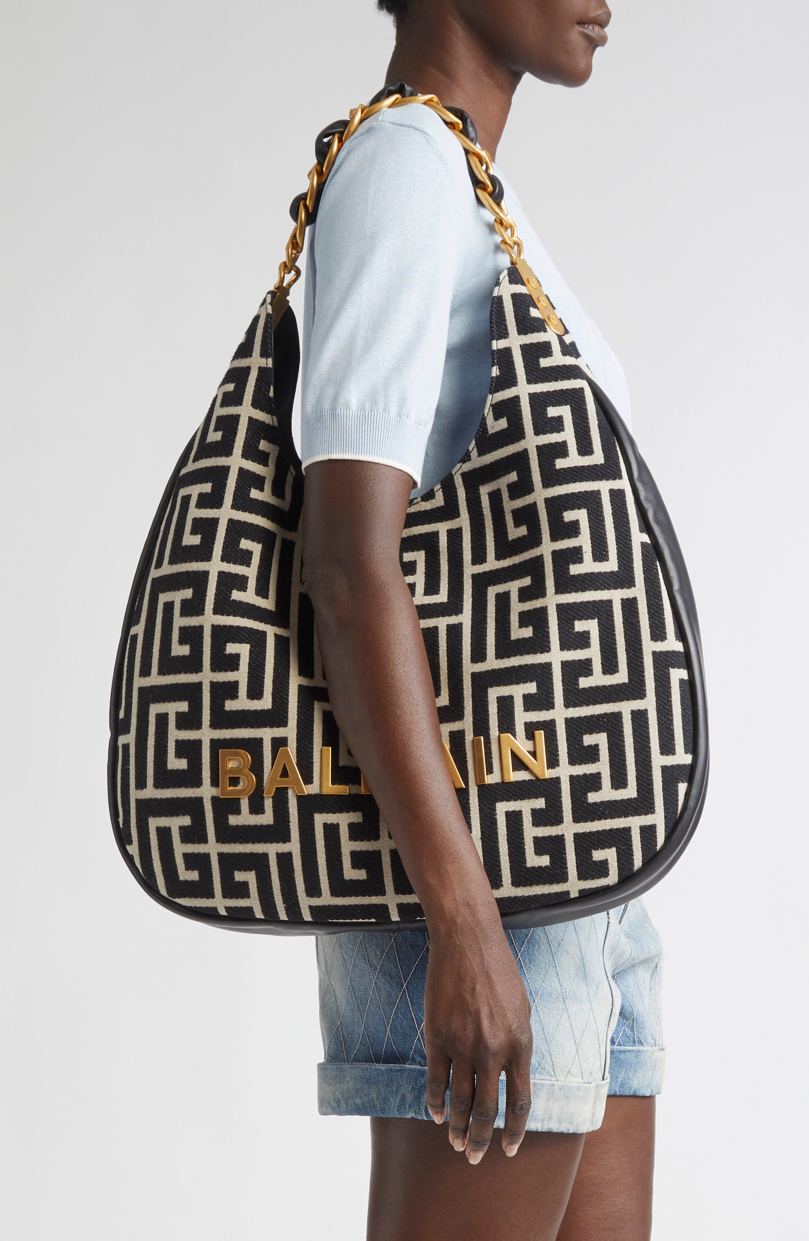 Balmain 1945 Large Soft Monogram Jacquard Hobo Bag in Ivory/Black at Nordstrom - 2