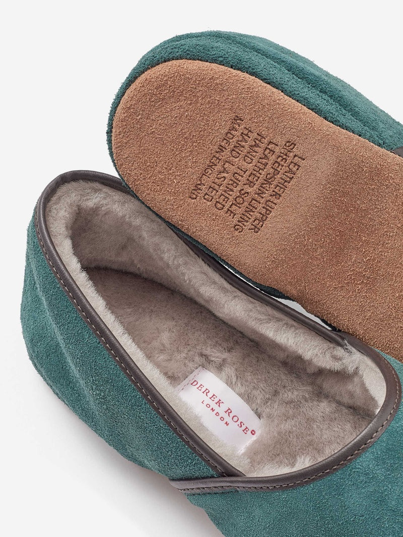 Derek Rose Men's Slippers Crawford Suede Sheepskin Emerald outlook