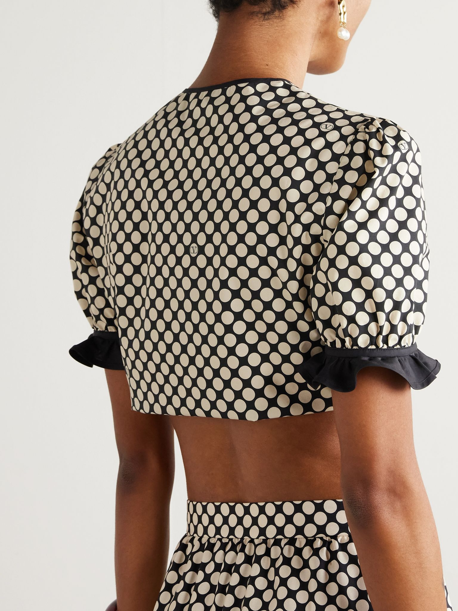 Cropped ruffled polka-dot cotton-poplin top Black - 3