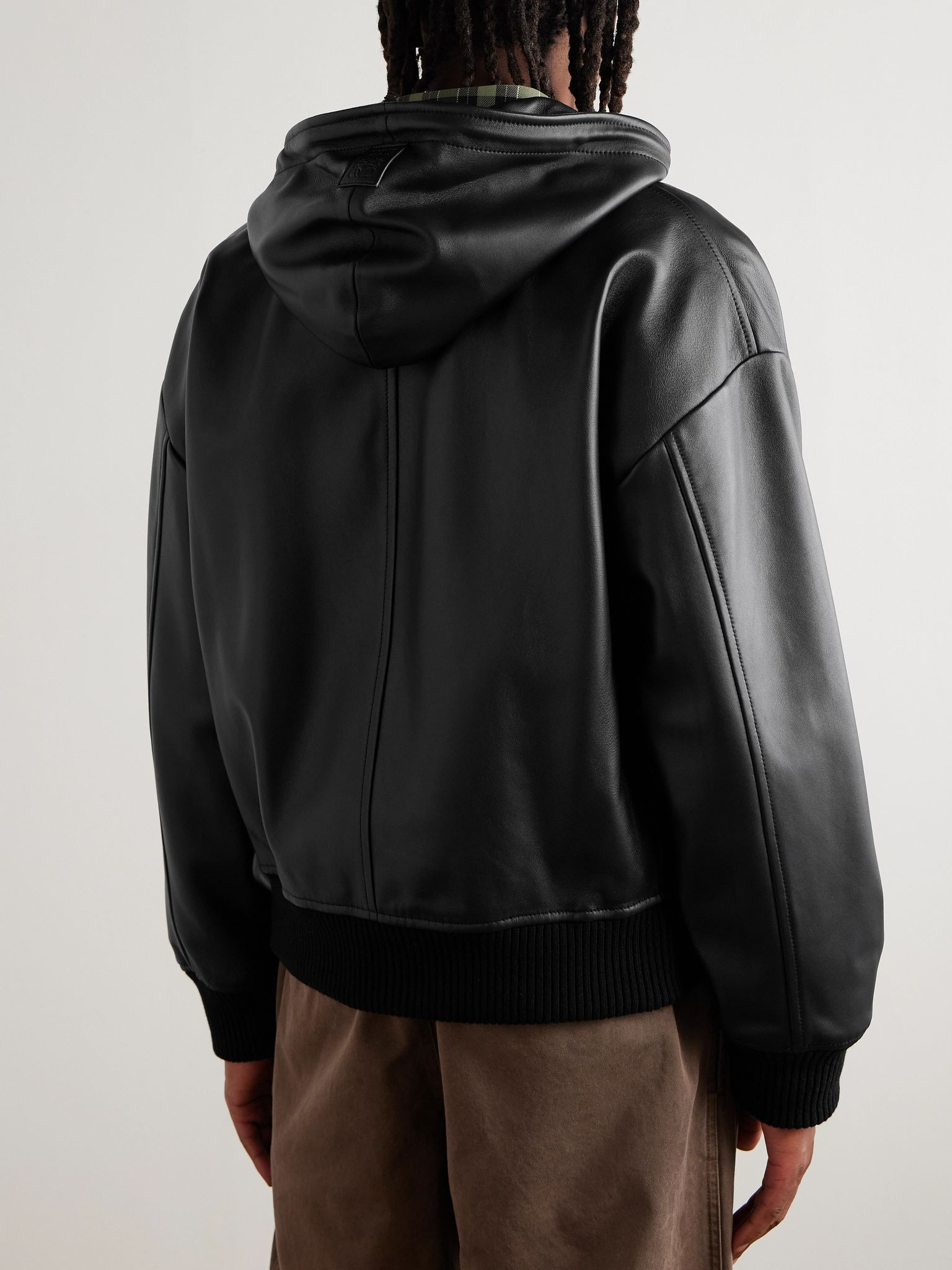 Leather Hooded Bomber Jacket Black - 4