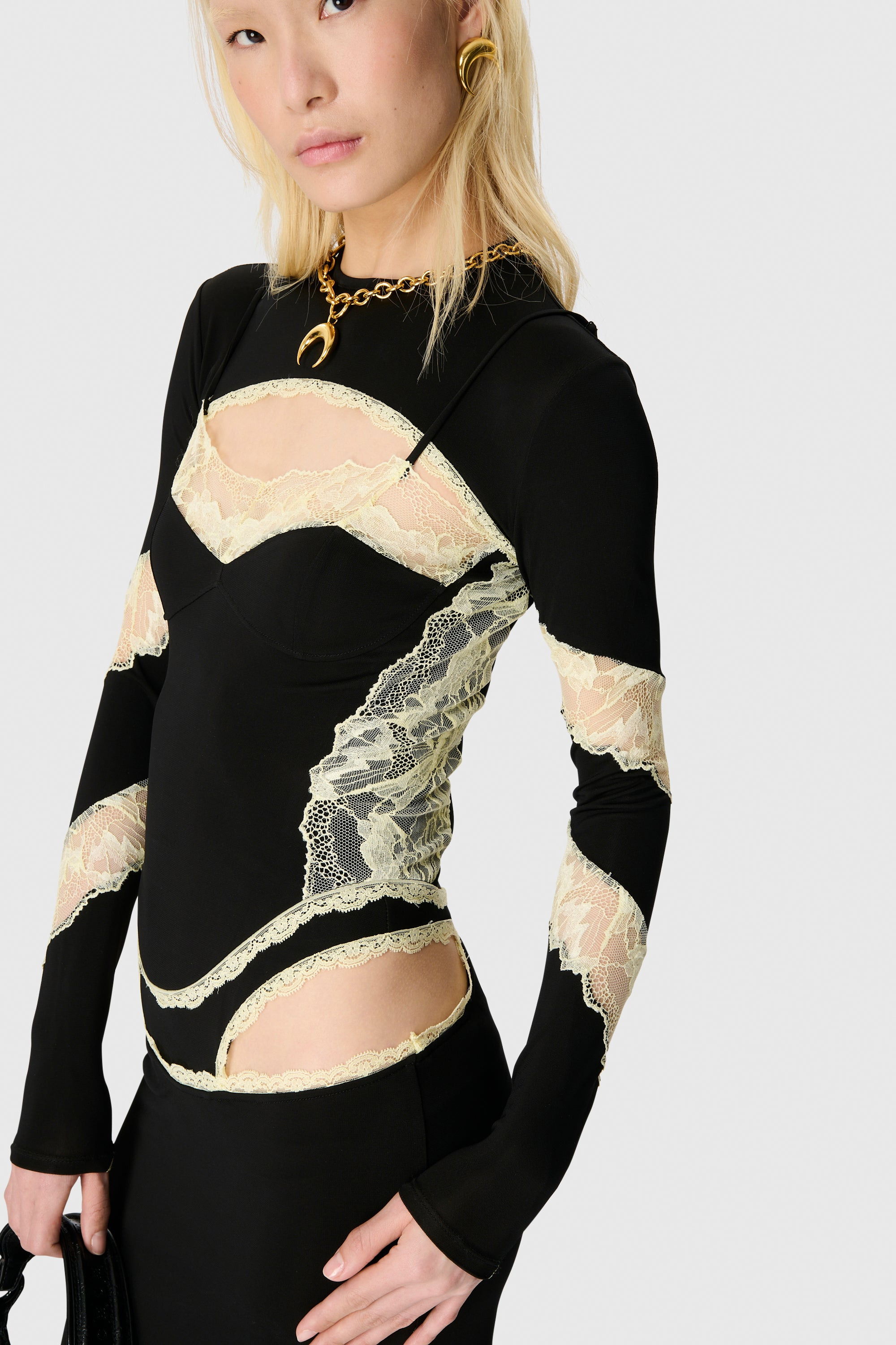 DRAPED JERSEY & LACE LS LONG DRESS - 3