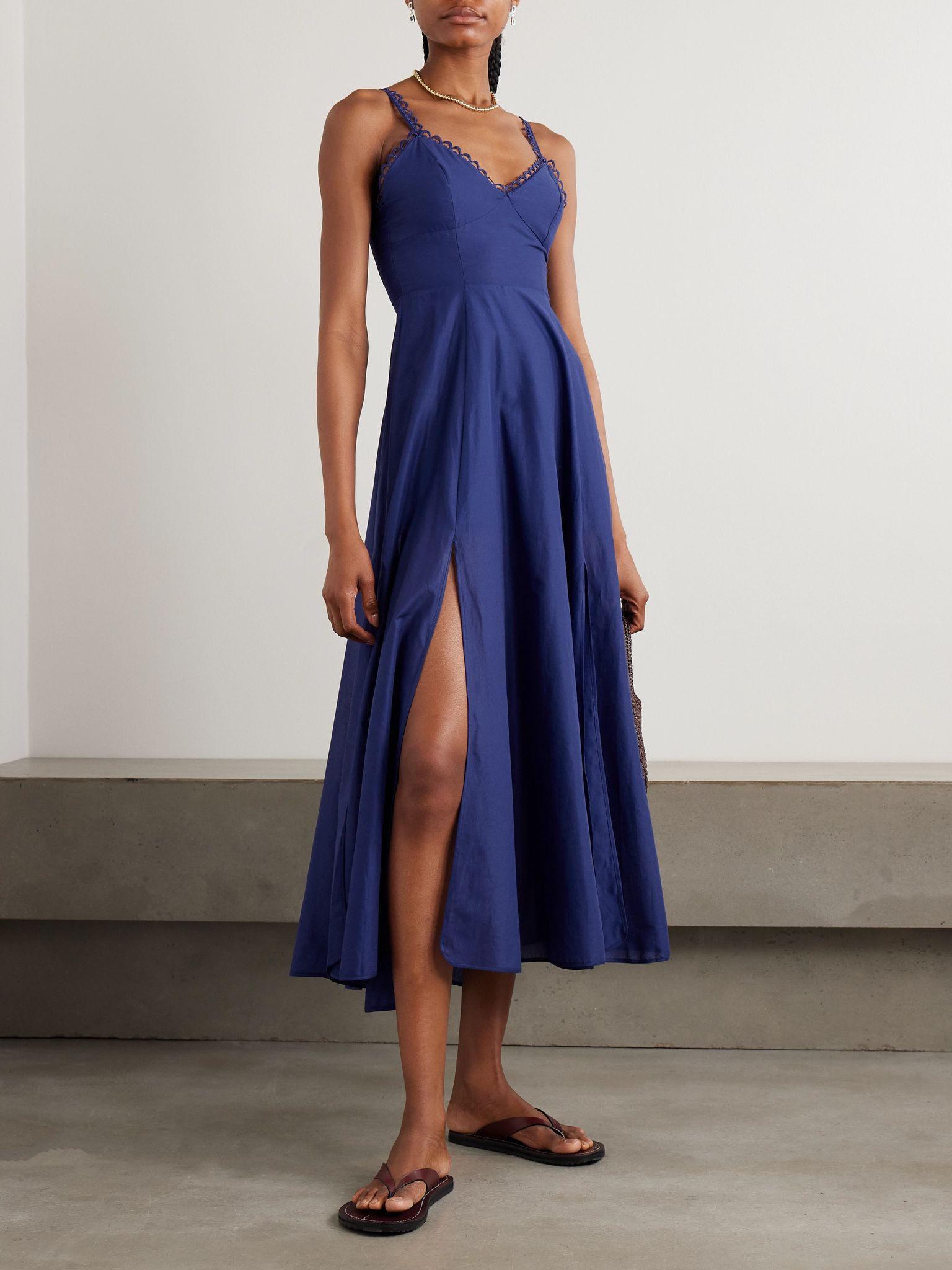 Iraso guipure lace-trimmed cotton-blend voile midi dress Navy - 2