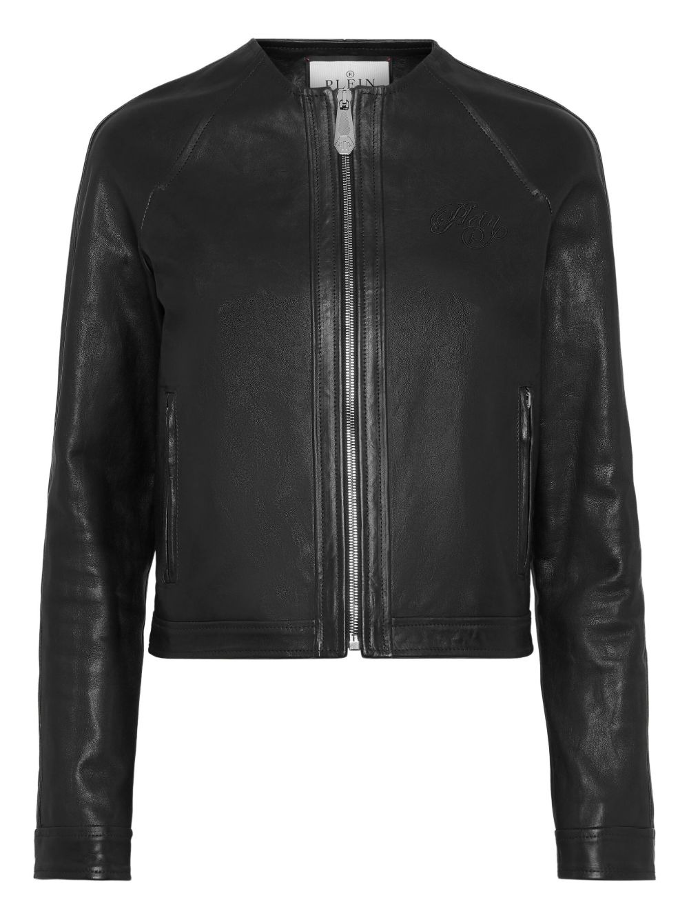 embroidered-logo zip-front leather jacket - 1