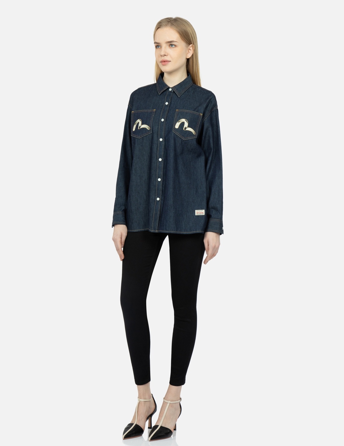 PEACOCK AND BROCADE FOIL-PRINT DENIM SHIRT - 4