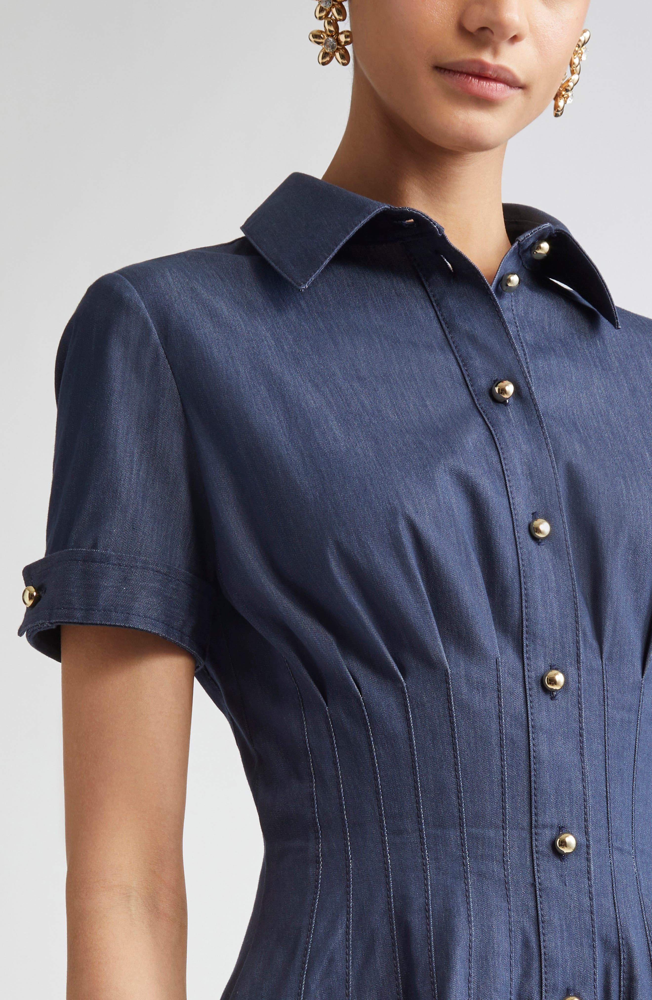 Carolina Herrera Pintuck Waist Stretch Denim Shirtdress in Dark Navy at Nordstrom - 4