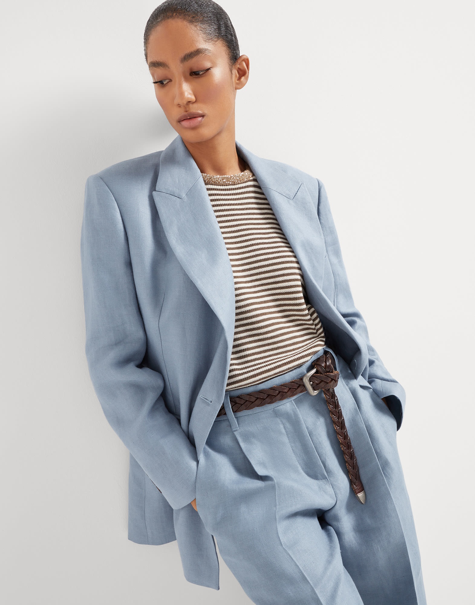 Dyed hemp and linen gabardine blazer with monili - 4