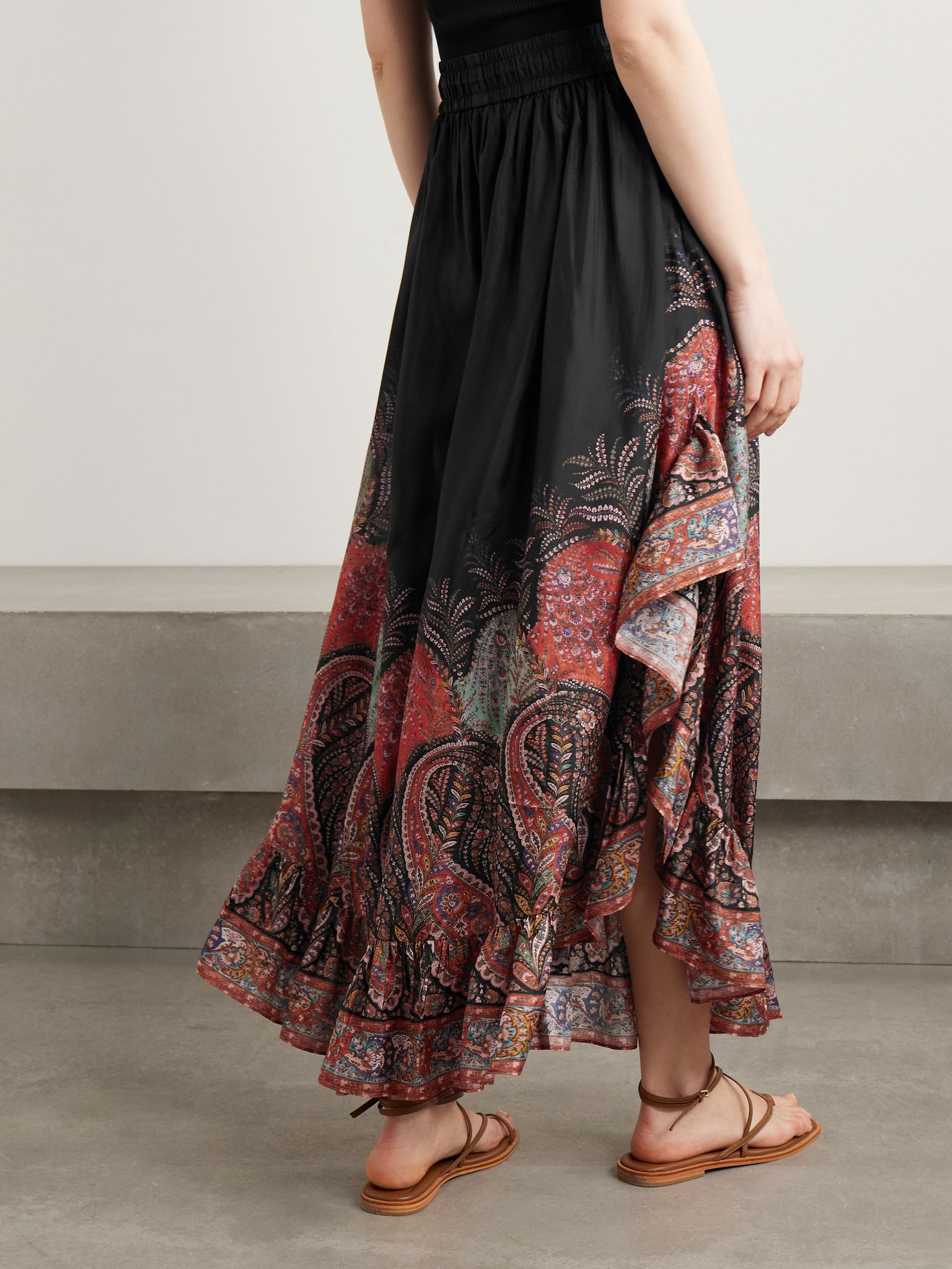 Rhiannon ruffled paisley-print organic silk maxi skirt Black - 4