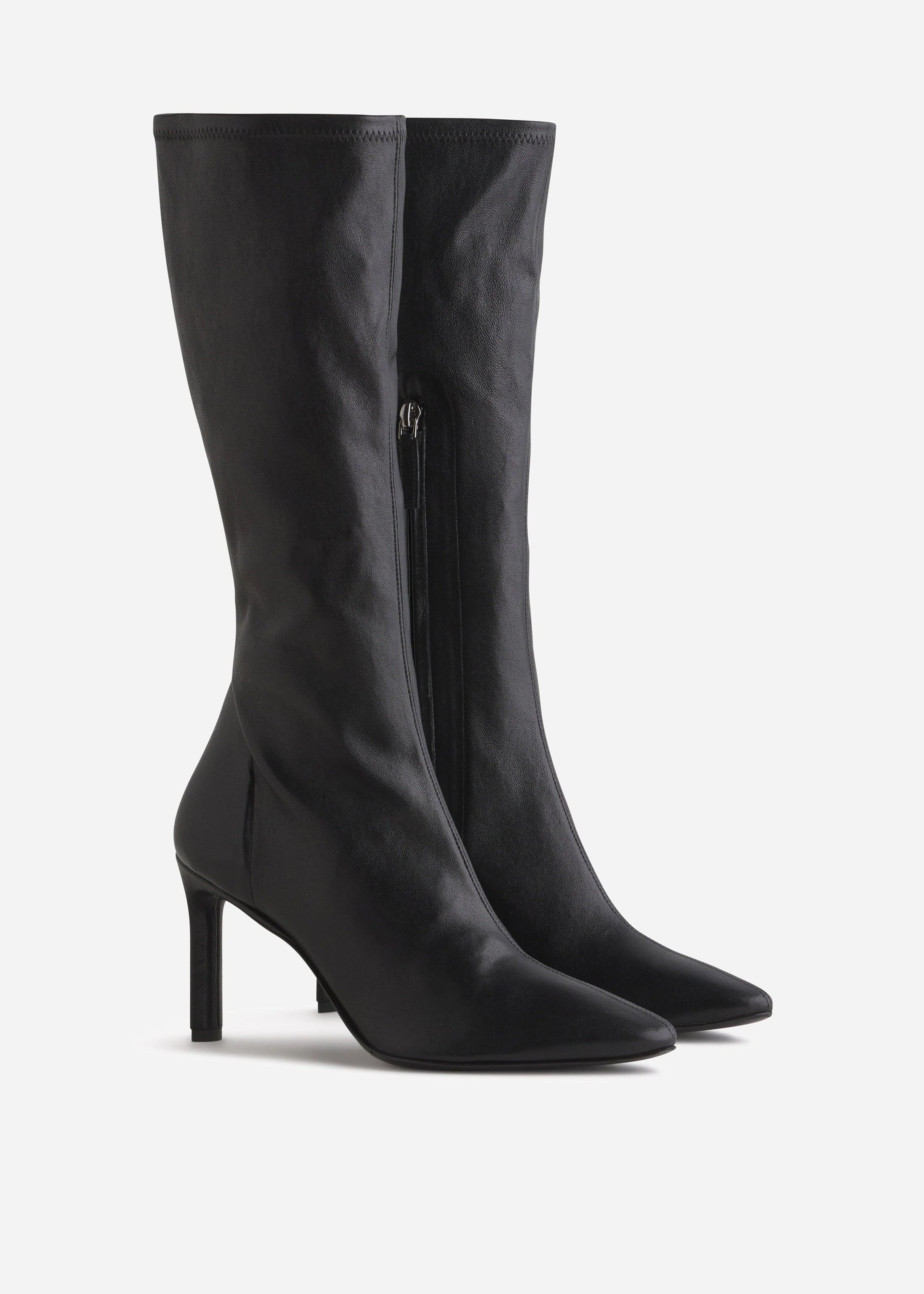 Pointed Stretch Leather Heel Boot in Black - 2