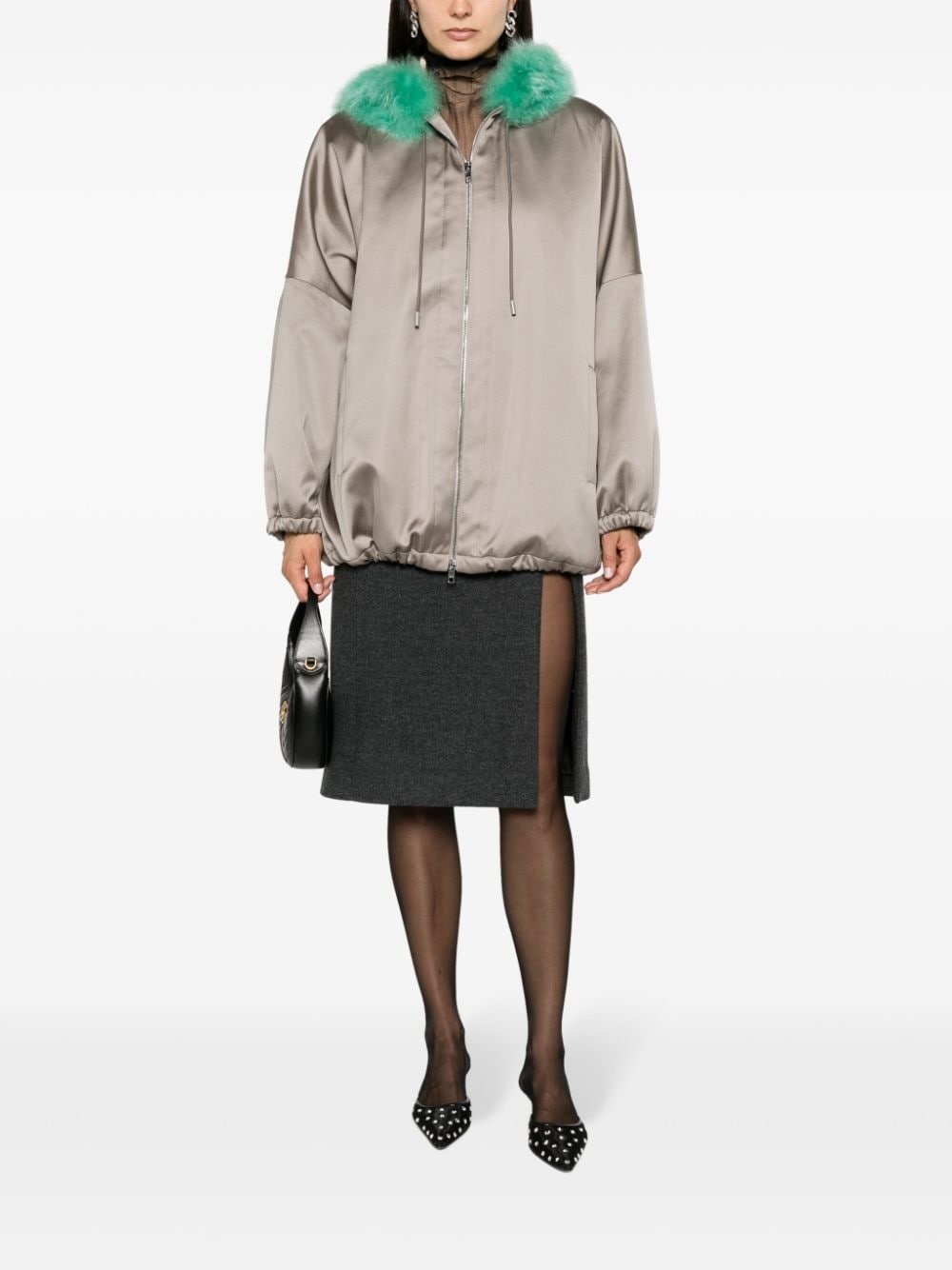 shearling-trim satin hooded jacket - 2