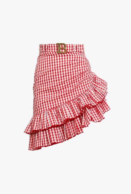 Short red and white gingham print asymmetrical high-waisted skirt - 1