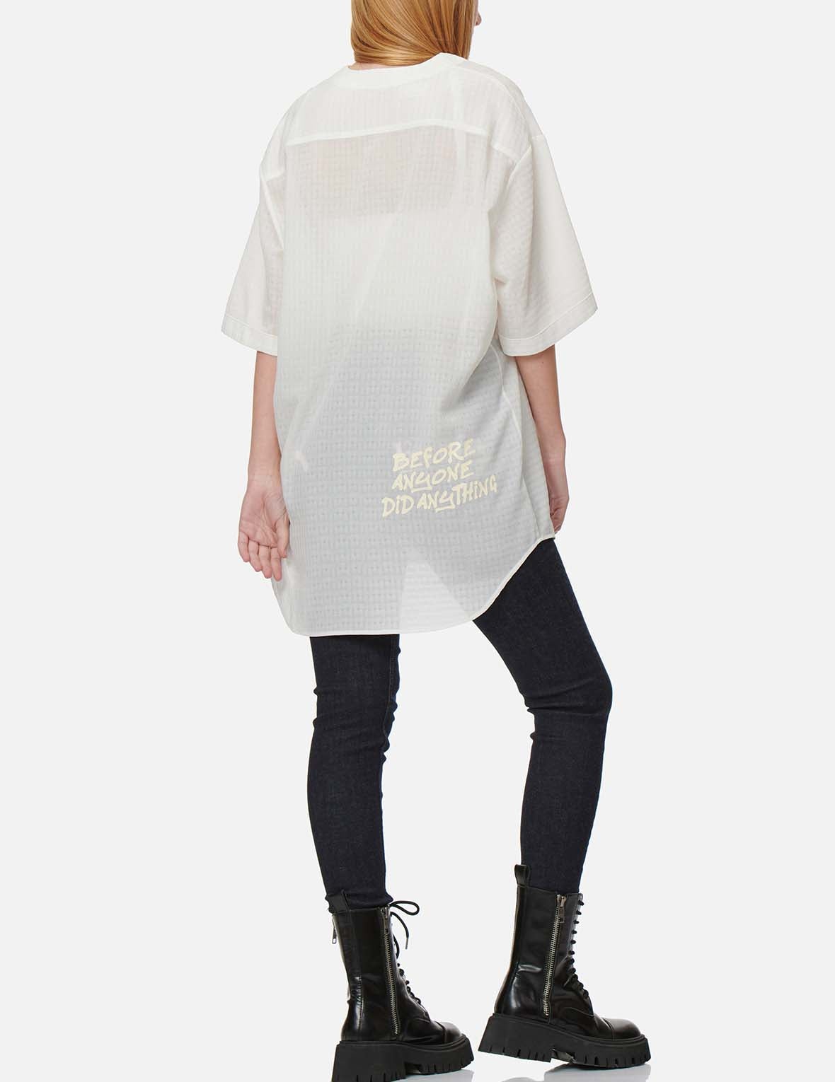 Seagull and Motto Print Seersucker V-neck Dress - 6