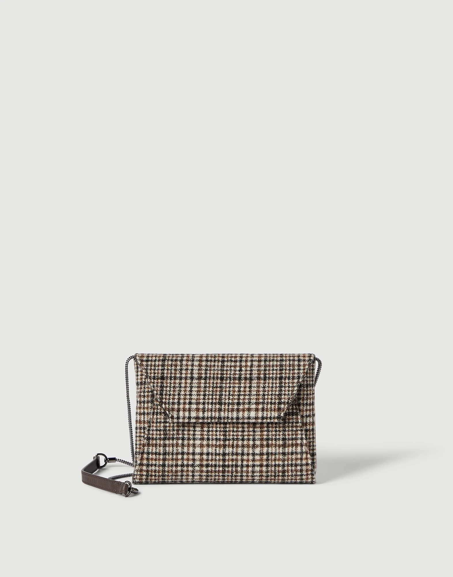 Duo pochette in water-resistant alpaca and wool check with precious chain - 1
