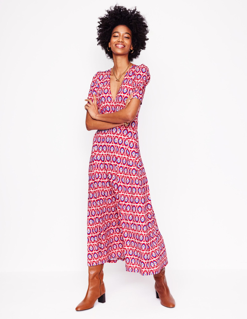 Kristen Pleated Jersey Dress-High Risk Red, Ornate Blossom 3