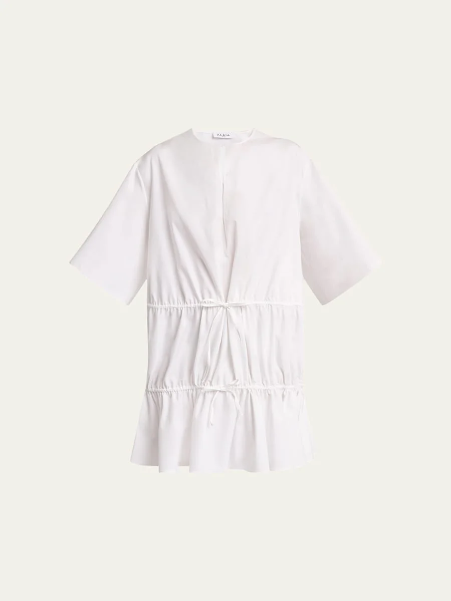 Short-Sleeve Tiered Tie Mini Dress - 1