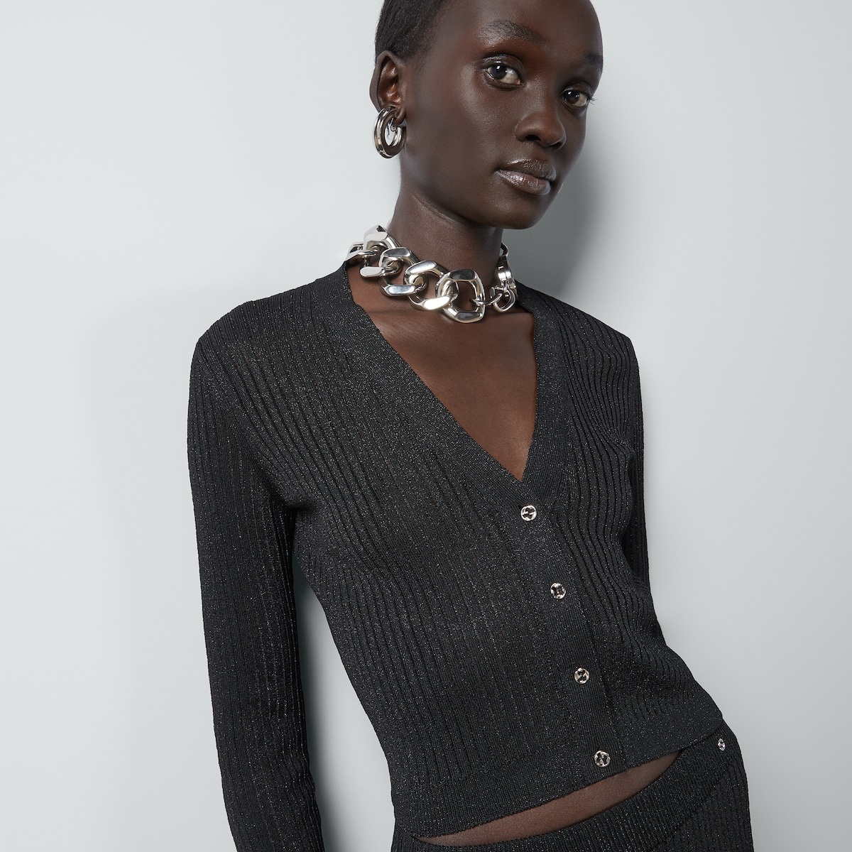 Rib stitch viscose lamé cardigan - 3