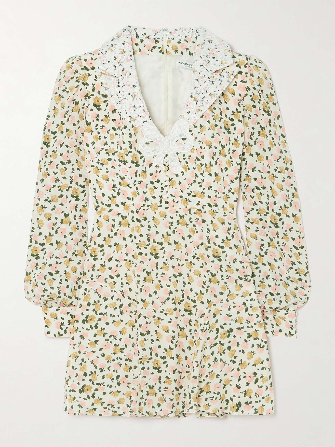 Appliquéd lace-trimmed floral-print silk mini dress - 1