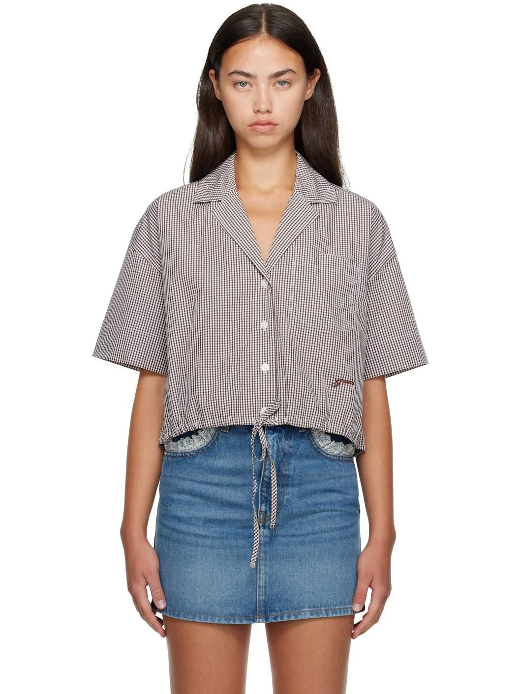 Brown Check Cotton Cropped Bowling Shirt - 1