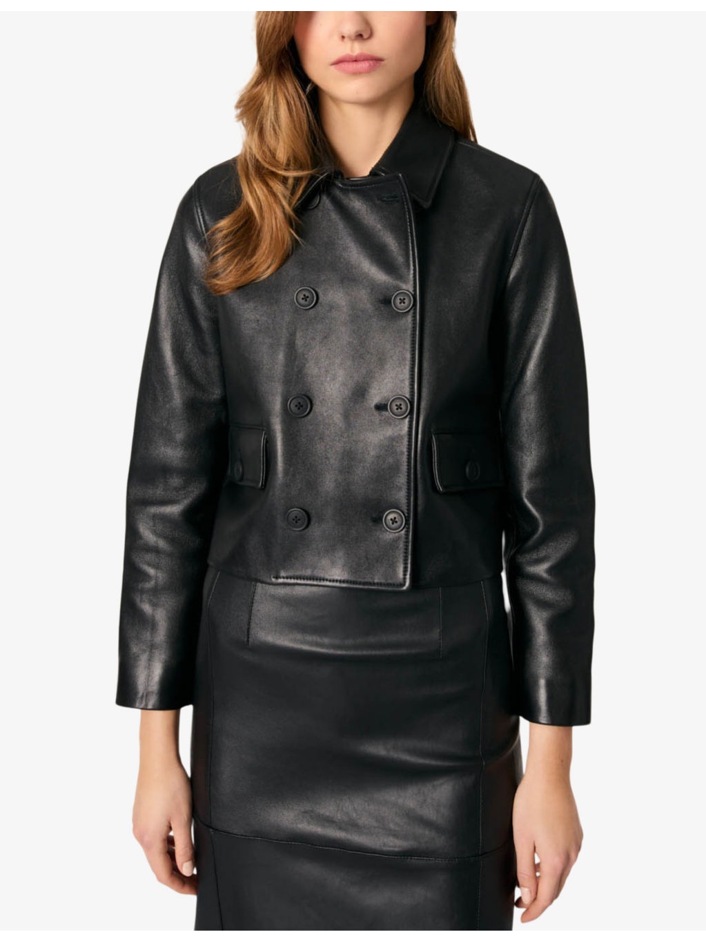 Double-breasted side-pocket leather jacket - 5