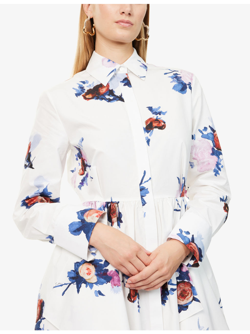 Floral-Print Long-Sleeve Cotton-Poplin Midi Shirt Dress - 5