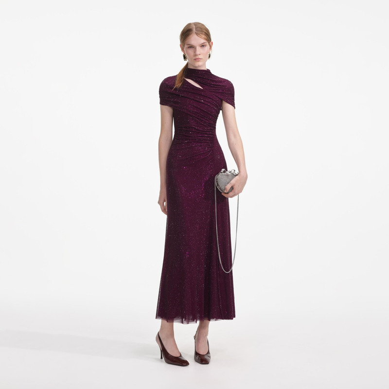 burgundy rhinestone mesh cut out midi dress Burgundy Rhinestone Mesh Cut Out Midi Dress