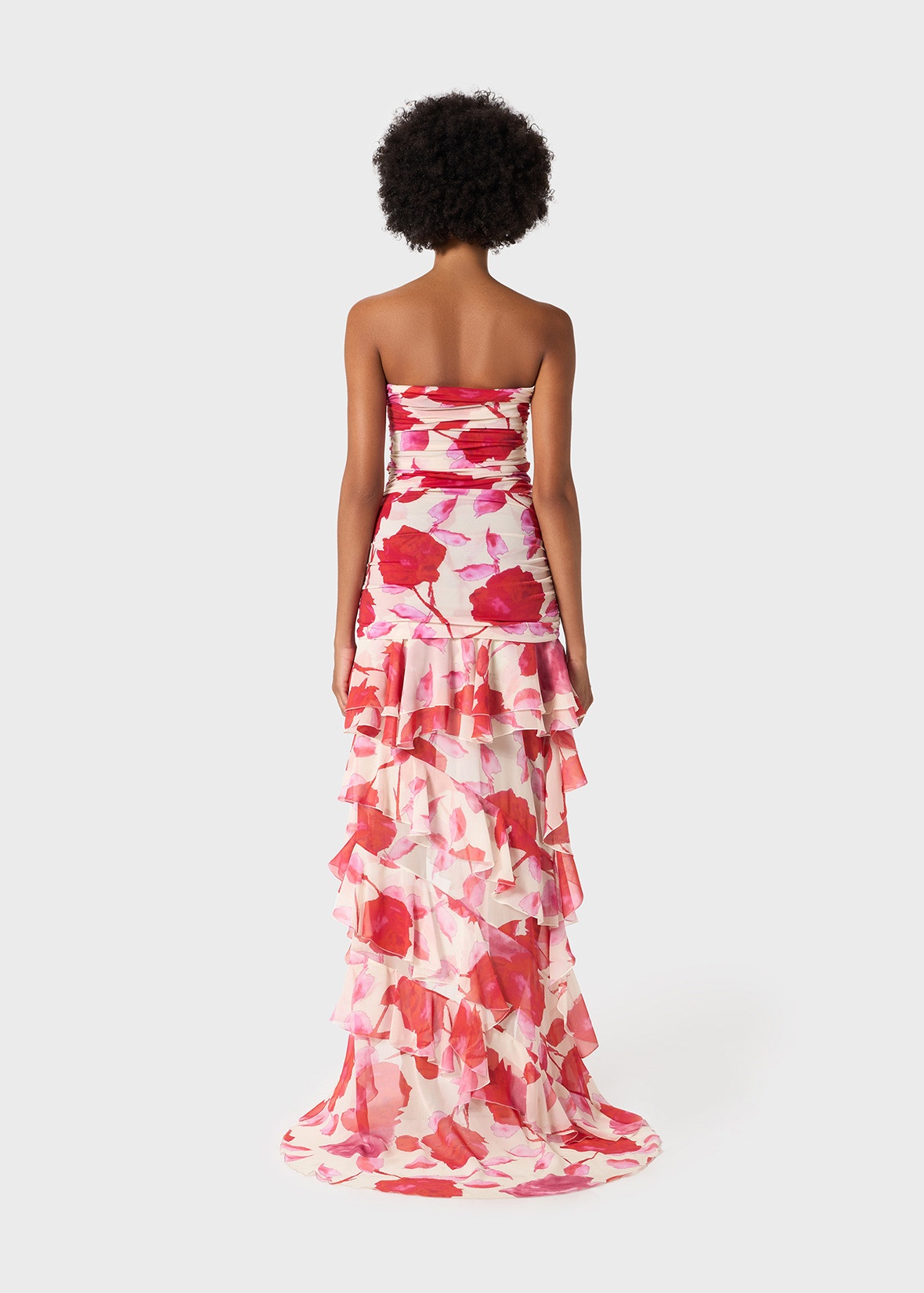 PRINTED JERSEY BUSTIER DRESS WITH CHIFFON FLOUNCES - 4