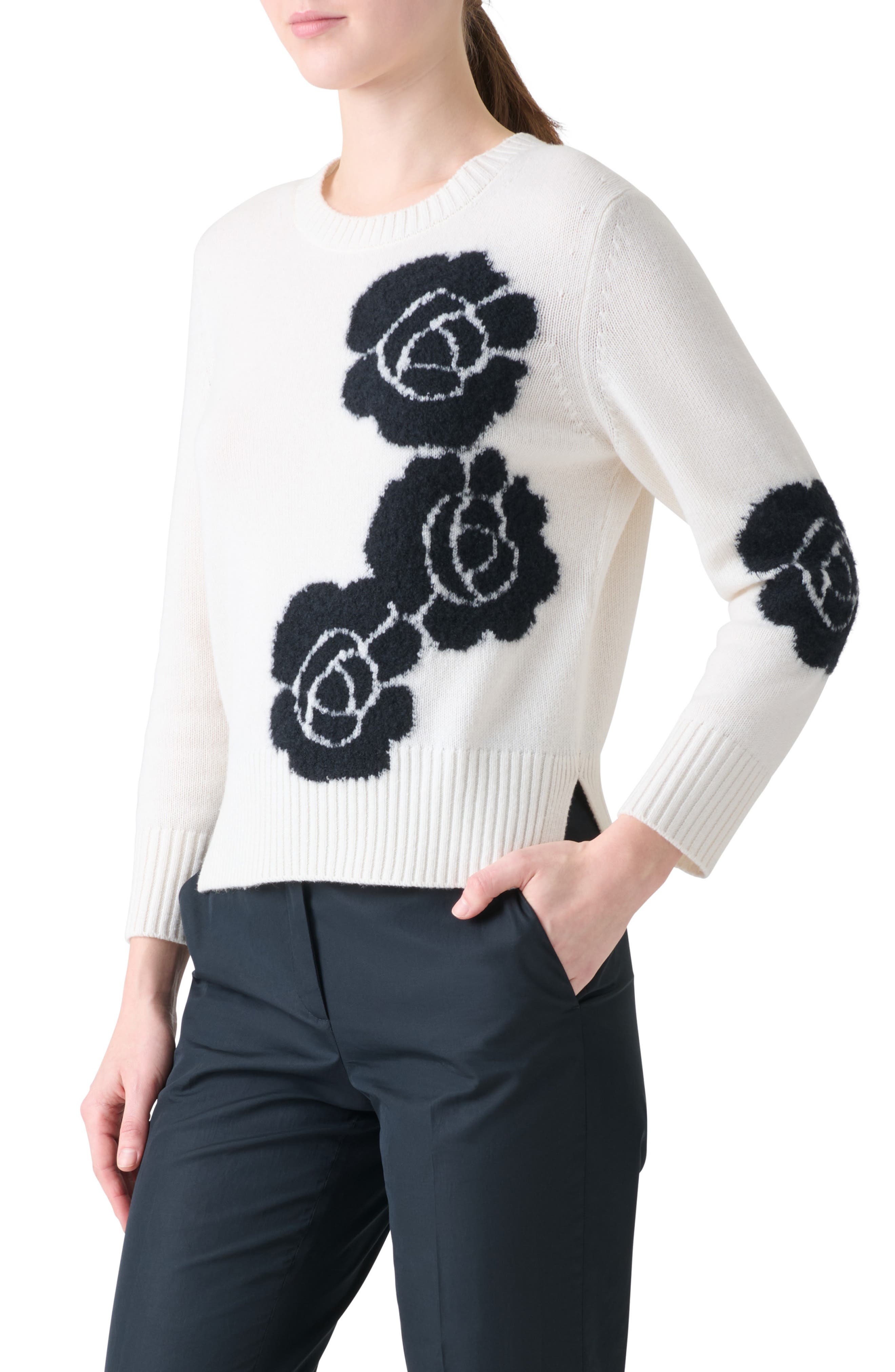 Akris Anemone Intarsia Cashmere & Silk Crewneck Sweater in Ecru-Black at Nordstrom - 3